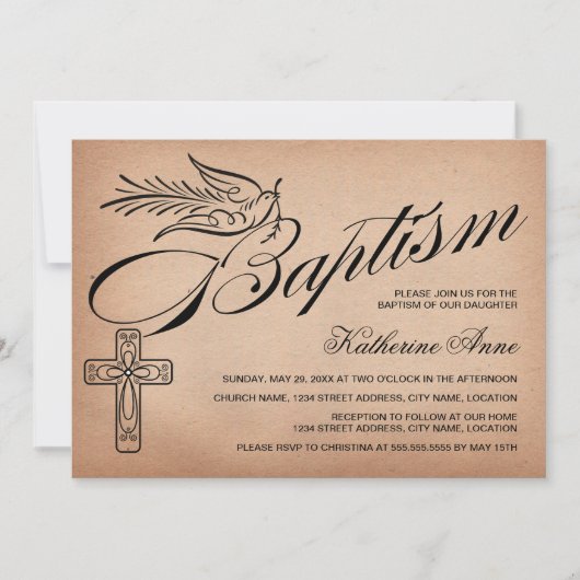 ヴィンテージエレガントの十字架と鳩のバプテスマ 招待状 (正面)