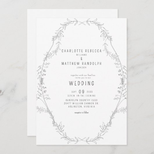 ヴィンテージエレガントの手描き結婚の葉のインビタ 招待状 (正面/裏面)