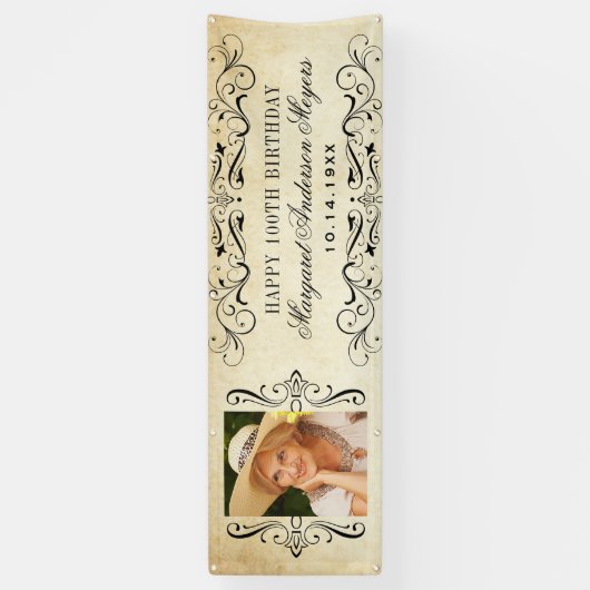 ヴィンテージエレガントの華やかなハッピーバースデー写真 横断幕 (縦)