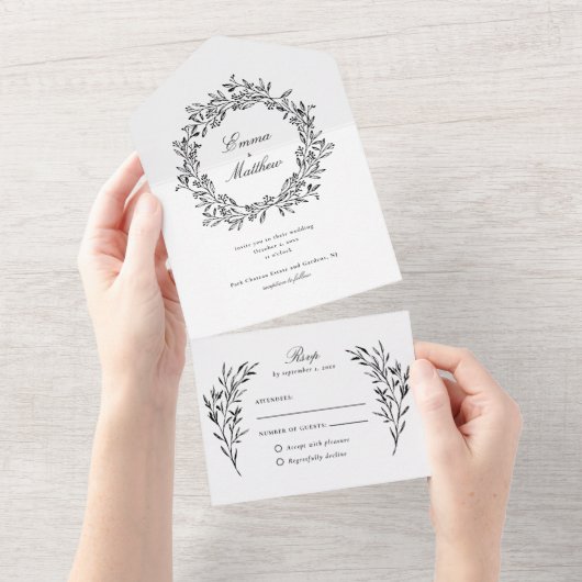 ヴィンテージエレガントの黒い結婚葉 オールインワン招待状 (貼ってはがせる)