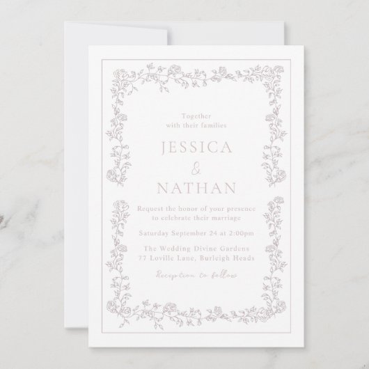 ヴィンテージエレガントほこりっぽいピンクのフローラフレ結婚ーム 招待状 (正面)