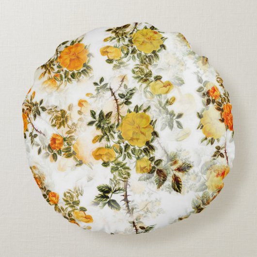 ヴィンテージエレガントみすぼらしいシックYellowsゴルド花模様 ラウンドクッション (裏面)