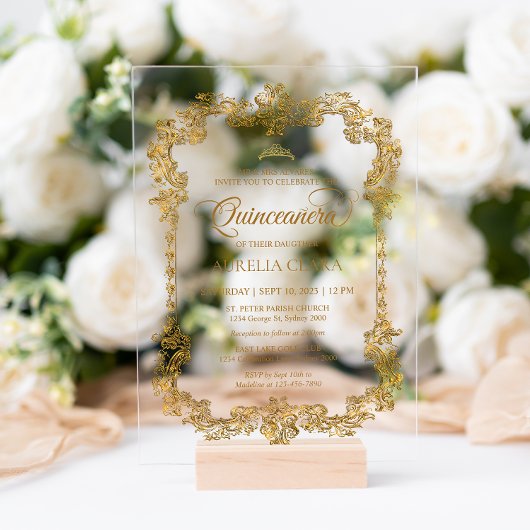 ヴィンテージエレガントアイボリーホワイト金ゴールドティアラキンセアニェラ アクリル招待状