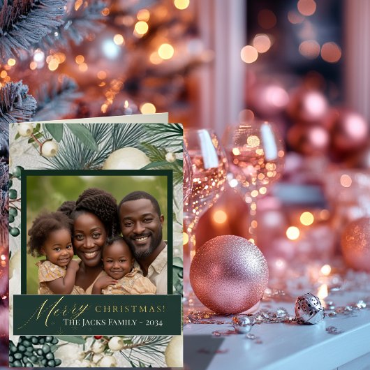 ヴィンテージエレガントアイボリー&ブルーファミリーフォト金ゴールド 箔シーズンカード