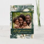 ヴィンテージエレガントアイボリー&ブルーファミリーフォト金ゴールド 箔シーズンカード (正面)