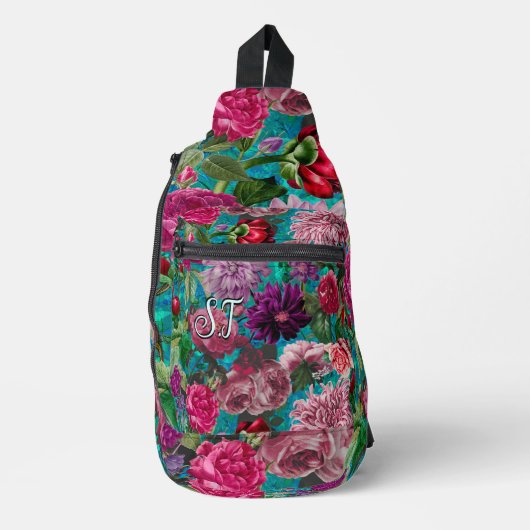 ヴィンテージエレガントアクアブルーフローラモノグラム スリングバッグ (正面)