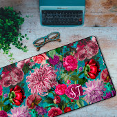 ヴィンテージエレガントアクアブルーフローラモノグラム デスクマット