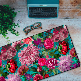 ヴィンテージエレガントアクアブルーフローラモノグラム デスクマット