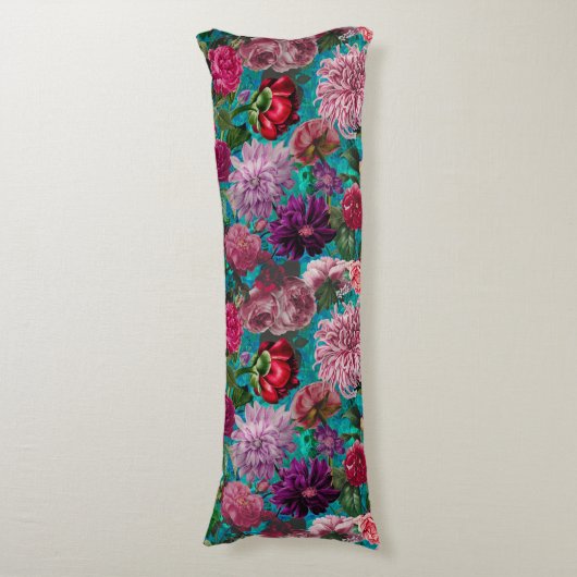 ヴィンテージエレガントアクアブルーフローラモノグラム ボディピロー (正面縦)