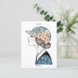 ヴィンテージエレガントアールデコファッションレディーハットパール ポストカード