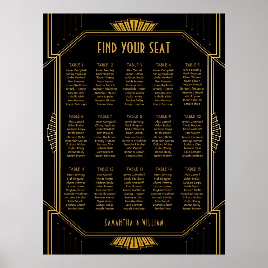 ヴィンテージエレガントアールデコブラック金ゴールドシーティングチャート ポスター (正面)