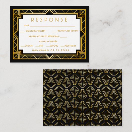 ヴィンテージエレガントアールデコブラック金ゴールド結婚ズエンクロ エンクロージャーカード (正面/裏面)