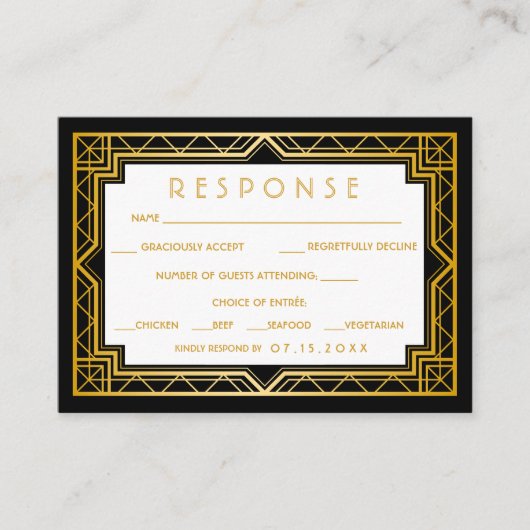 ヴィンテージエレガントアールデコブラック金ゴールド結婚ズエンクロ エンクロージャーカード (正面)