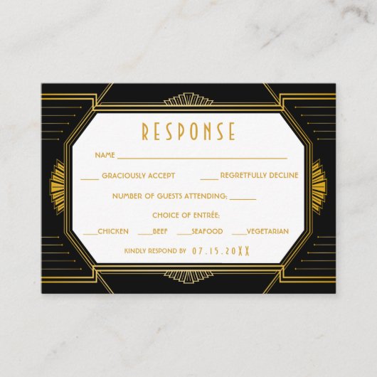 ヴィンテージエレガントアールデコブラック金ゴールド結婚ズ エンクロージャーカード (正面)
