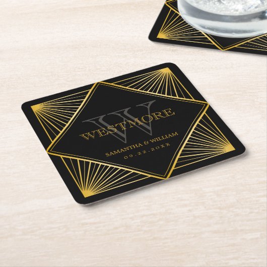 ヴィンテージエレガントアールデコブラック金ゴールド結婚ズ スクエアペーパーコースター (アングル)