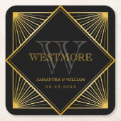 ヴィンテージエレガントアールデコブラック金ゴールド結婚ズ スクエアペーパーコースター (正面)