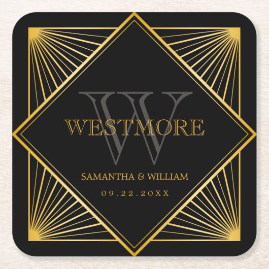 ヴィンテージエレガントアールデコブラック金ゴールド結婚ズ スクエアペーパーコースター (正面)