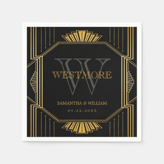 ヴィンテージエレガントアールデコブラック金ゴールド結婚ズ スタンダードカクテルナプキン (正面)