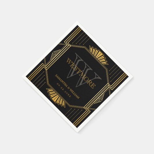 ヴィンテージエレガントアールデコブラック金ゴールド結婚ズ スタンダードカクテルナプキン (角)