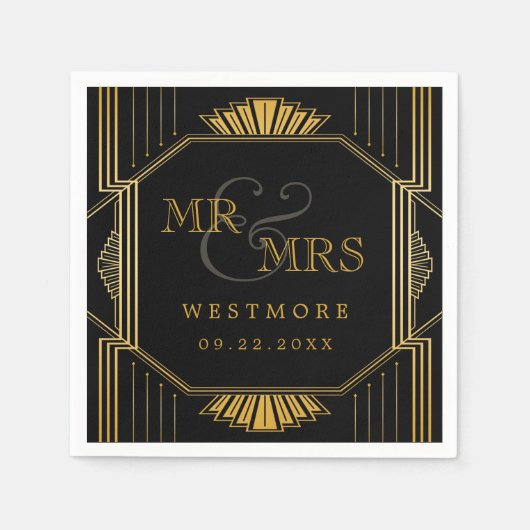 ヴィンテージエレガントアールデコブラック金ゴールド結婚ズ スタンダードカクテルナプキン (正面)