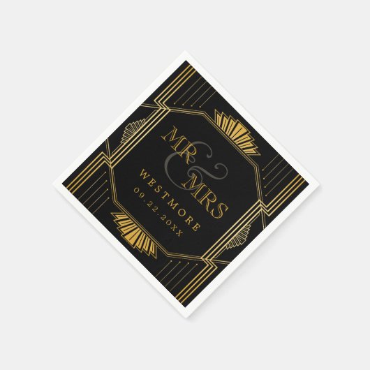 ヴィンテージエレガントアールデコブラック金ゴールド結婚ズ スタンダードカクテルナプキン (角)