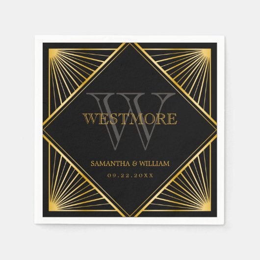 ヴィンテージエレガントアールデコブラック金ゴールド結婚ズ スタンダードカクテルナプキン (正面)