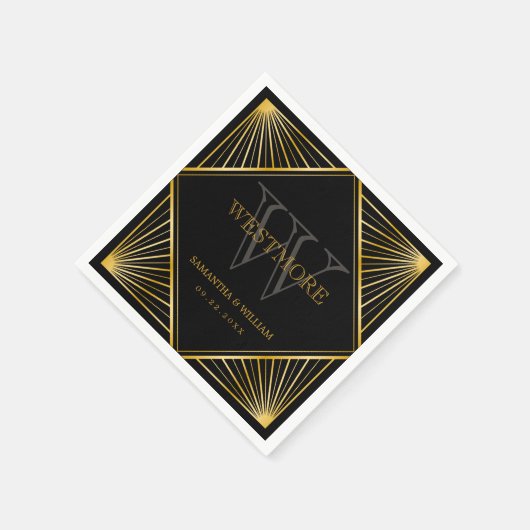 ヴィンテージエレガントアールデコブラック金ゴールド結婚ズ スタンダードカクテルナプキン (角)