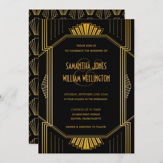 ヴィンテージエレガントアールデコブラック金ゴールド結婚ズ 招待状 (正面/裏面)