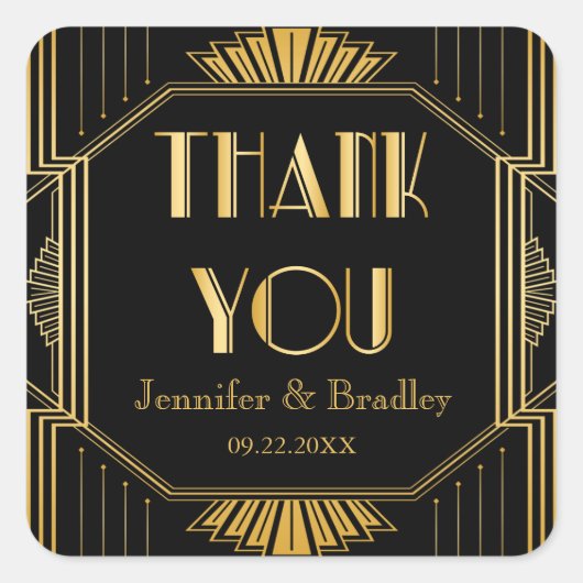 ヴィンテージエレガントアールデコブラック金ゴールド結婚式の引き出物 スクエアシール (正面)