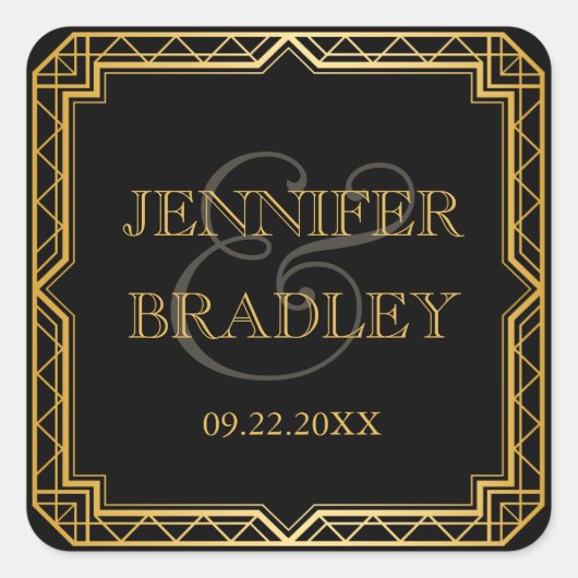 ヴィンテージエレガントアールデコブラック金ゴールド結婚式の引き出物 スクエアシール (正面)