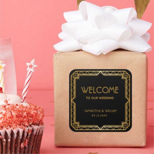 ヴィンテージエレガントアールデコ結婚金ゴールド歓迎バッグ スクエアシール (パーティー)