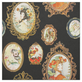 ヴィンテージエレガントアールヌーボーガールズフラワーフレーム ファブリック