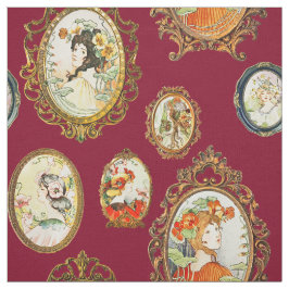 ヴィンテージエレガントアールヌーボーガールズフラワーフレーム ファブリック