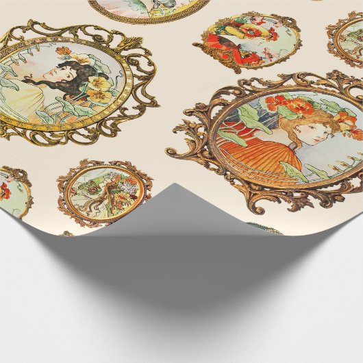 ヴィンテージエレガントアールヌーボーガールズフラワーフレーム ラッピングペーパー (角)