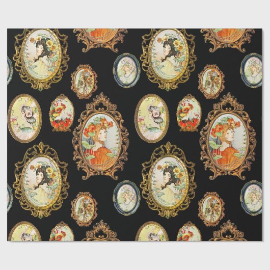 ヴィンテージエレガントアールヌーボーガールズフラワーフレーム ラッピングペーパー (フラット)