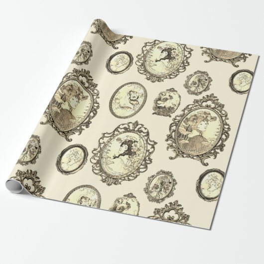 ヴィンテージエレガントアールヌーボーガールズフラワーフレーム ラッピングペーパー (アンロールド)