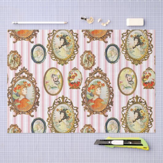 ヴィンテージエレガントアールヌーボーガールズフラワーフレーム 薄葉紙 (クラフト)