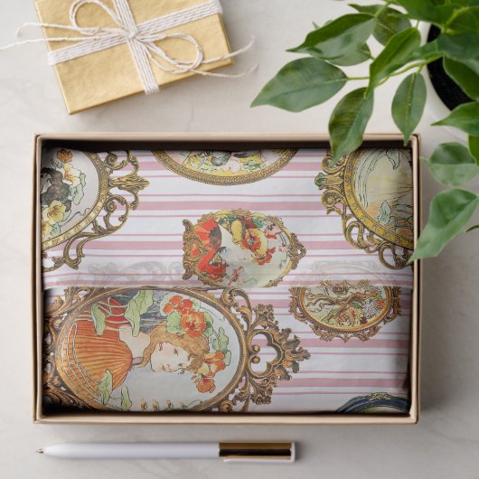 ヴィンテージエレガントアールヌーボーガールズフラワーフレーム 薄葉紙 (ギフト)