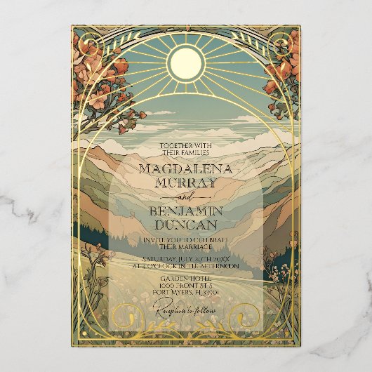ヴィンテージエレガントアールヌーボーデコ自然結婚ズ 箔招待状 (正面)