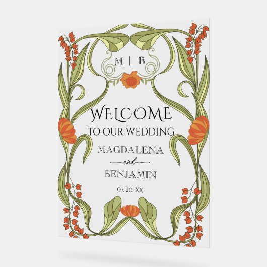 ヴィンテージエレガントアールヌーボーフローラフレームへようこそ アクリルサイン (傾斜)