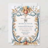 ヴィンテージエレガントアールヌーボーブルーと金ゴールド 招待状 (正面)