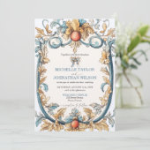 ヴィンテージエレガントアールヌーボーブルーと金ゴールド 招待状 (スタンド正面)