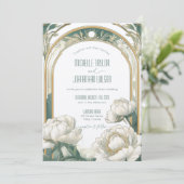 ヴィンテージエレガントアールヌーボーホワイトペオニーミュシャ 招待状 (スタンド正面)