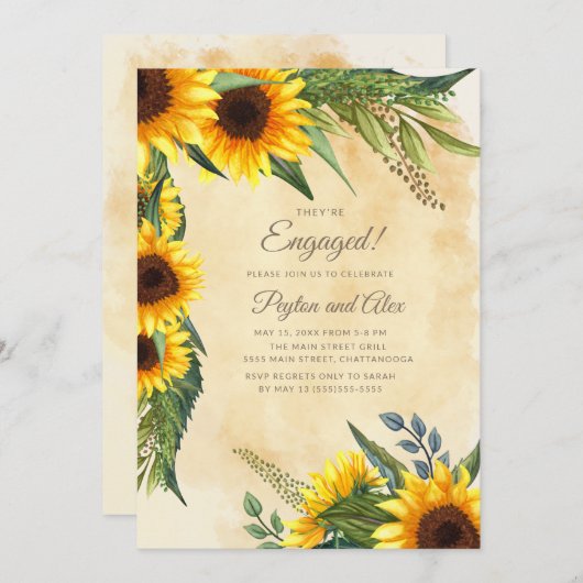 ヴィンテージエレガントイエローサンフラワーズ婚約パーティ 招待状 (正面/裏面)