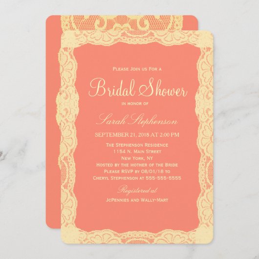 ヴィンテージエレガントイエローレー縁どス&コーラルピンク 招待状 (正面/裏面)