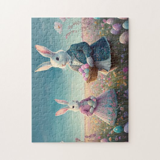 ヴィンテージエレガントイースターバニーがイースターエッグを選ぶ ジグソーパズル (縦)