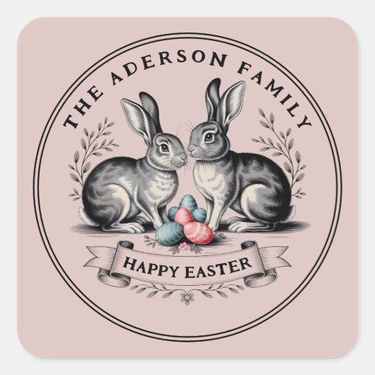 ヴィンテージエレガントイースターバニーペアと卵 ラウンドシール (正面)