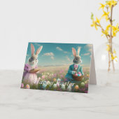 ヴィンテージエレガントイースターバニー少年と女の子 カード (黄色い花)