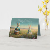 ヴィンテージエレガントイースターバニー少年と女の子 カード (黄色い花)