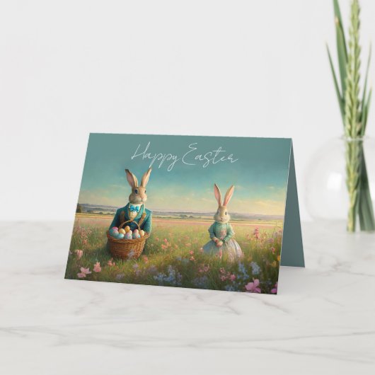 ヴィンテージエレガントイースターバニー少年と女の子 カード (正面)